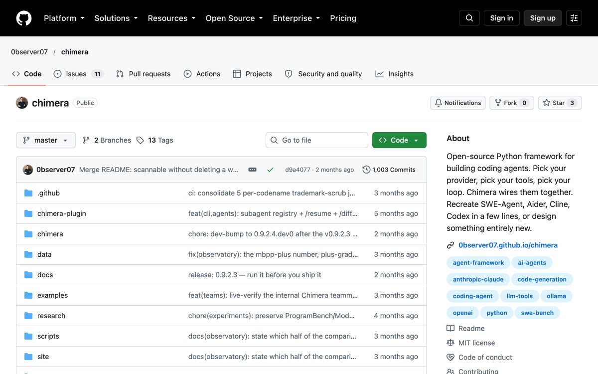The Chimera repository on GitHub, an open-source Python framework for building coding agents