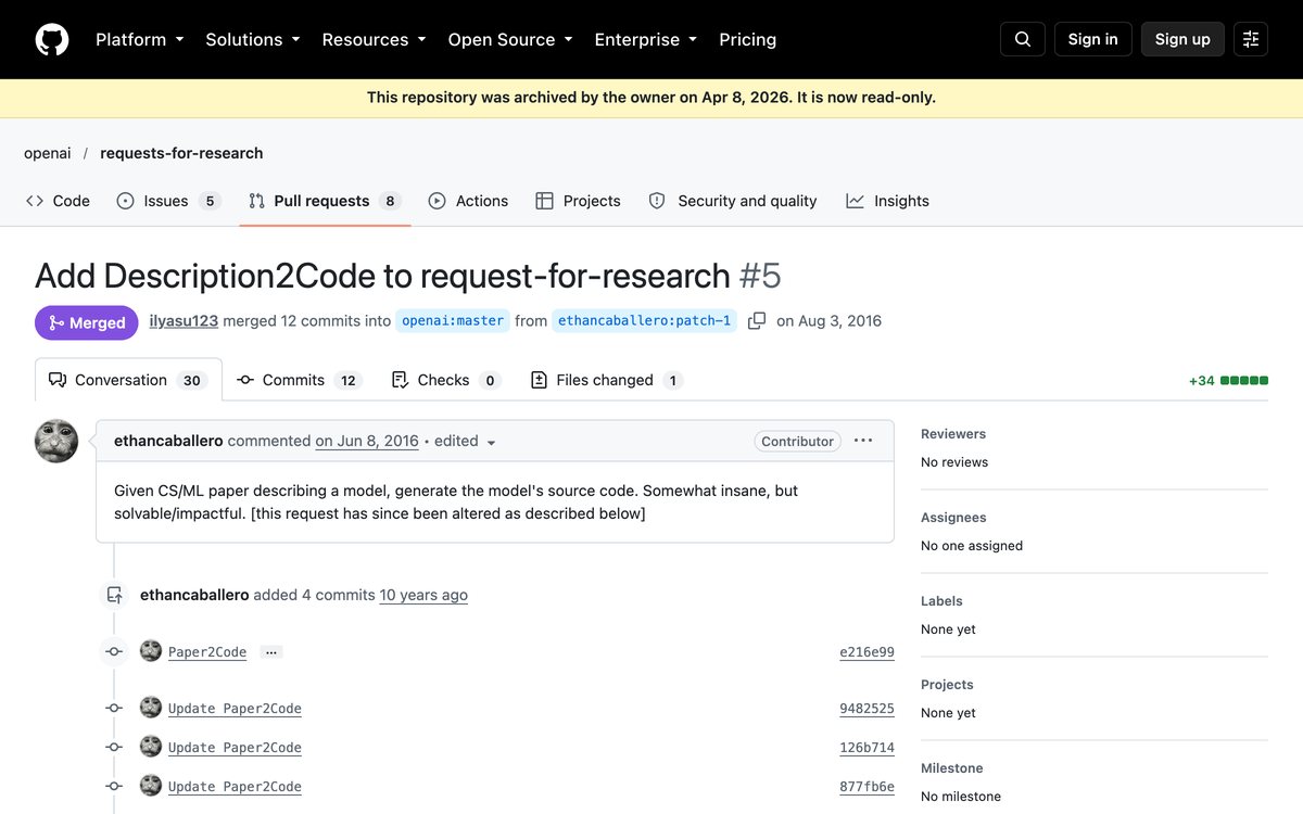 The pull request that added Description2Code to OpenAI's Requests for Research, merged by Ilya Sutskever on August 3, 2016