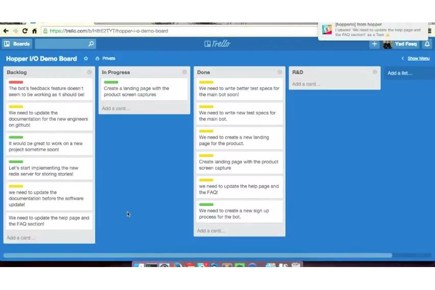 Hopper's 2017 demo: a Trello board, and the Slack notification where Hopper labels the new card as a task