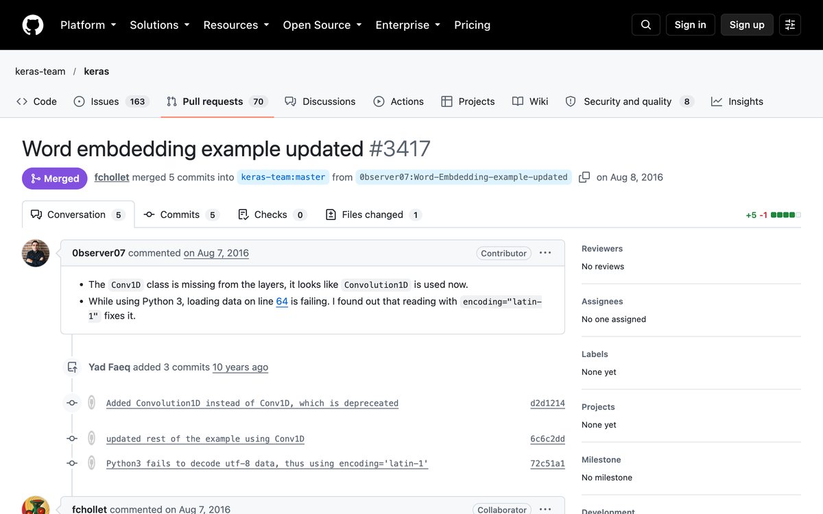 Pull request 3417 to Keras, merged by François Chollet on August 8, 2016